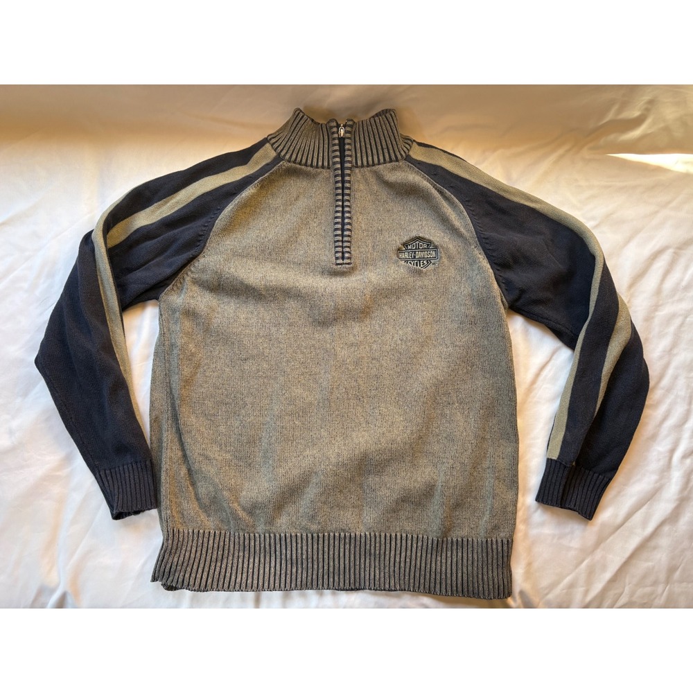 Harley Davidson Mens Quarter Zip Sweater Gray Navy Blue Cotton Knit Pullover M